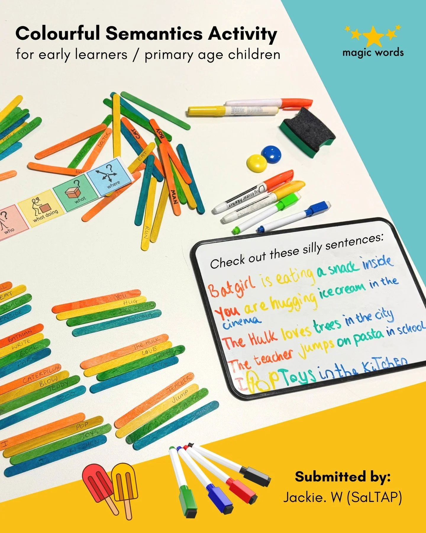 Colourful lolly sticks + silly sentences = big smiles! 🌈

In this Colourful Semantics session at a Luton primary school, Speech &amp; Language Therapy Assistant Practitioner Jackie W. guided the children to pick a random lolly stick of each colour t