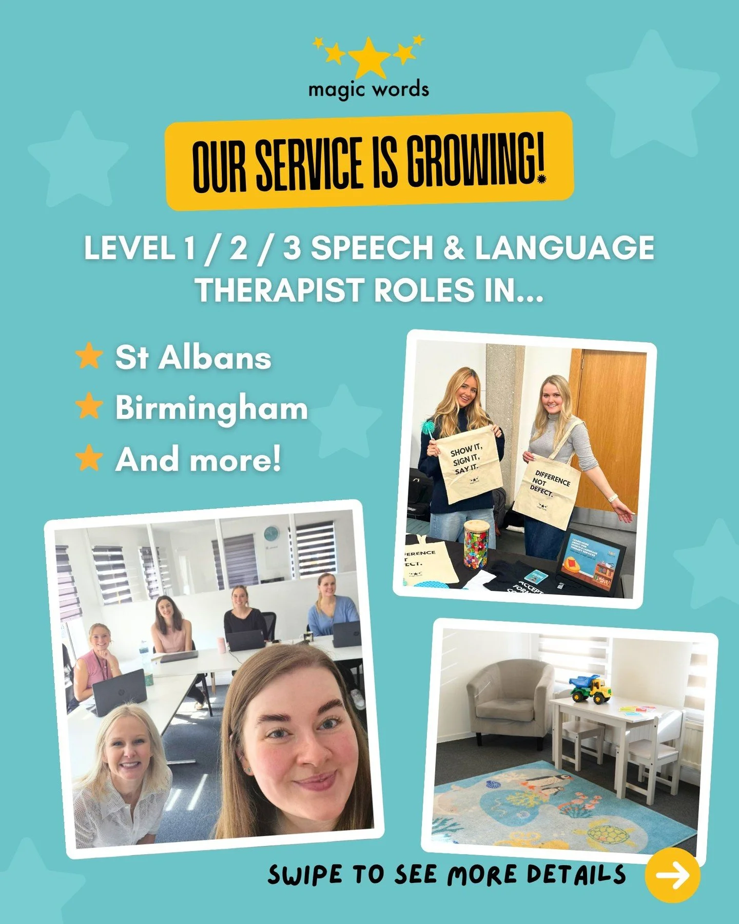 Could you be our next hire? Start a brand new chapter with Magic Words! ⭐ 

We're currently hiring across our service, including two full time / part time paediatric or mixed adult &amp; paediatric roles in St Albans and Birmingham. For more informat