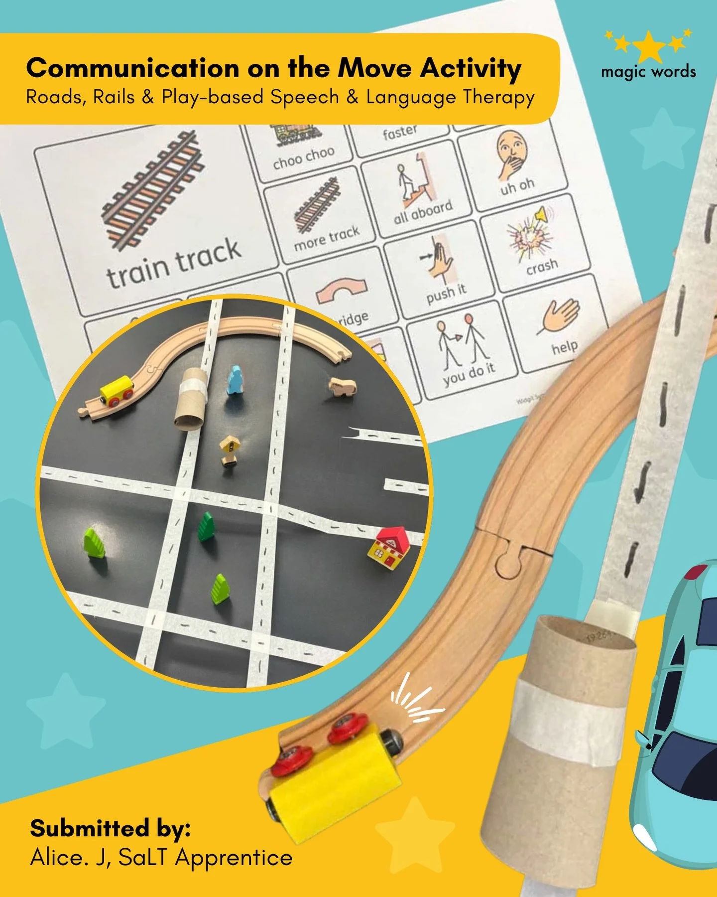 🚂 All aboard for play-based learning! Masking tape roads and loo roll tube tunnels come together in &ldquo;Communication on the Move&rdquo;, a therapy activity that turns everyday toys and materials into a communication adventure.

Through themed pl