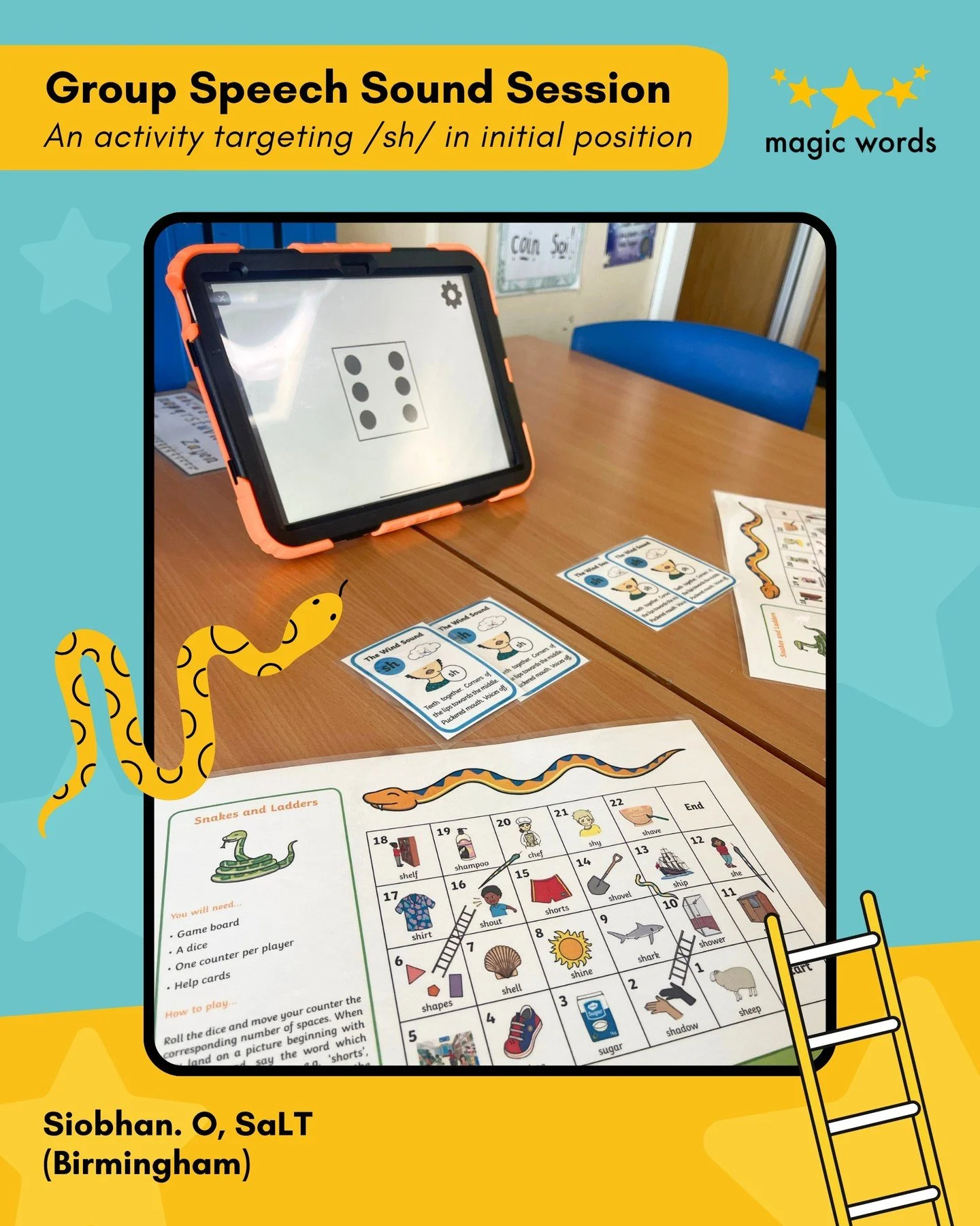 🎲 Snakes, ladders, and speech sounds in action!

In this school-based group session, Siobhan O. transformed a classic game into a fun, interactive way to practise /sh/ at the start of words. Children cheered each other on, tackled tricky sounds toge