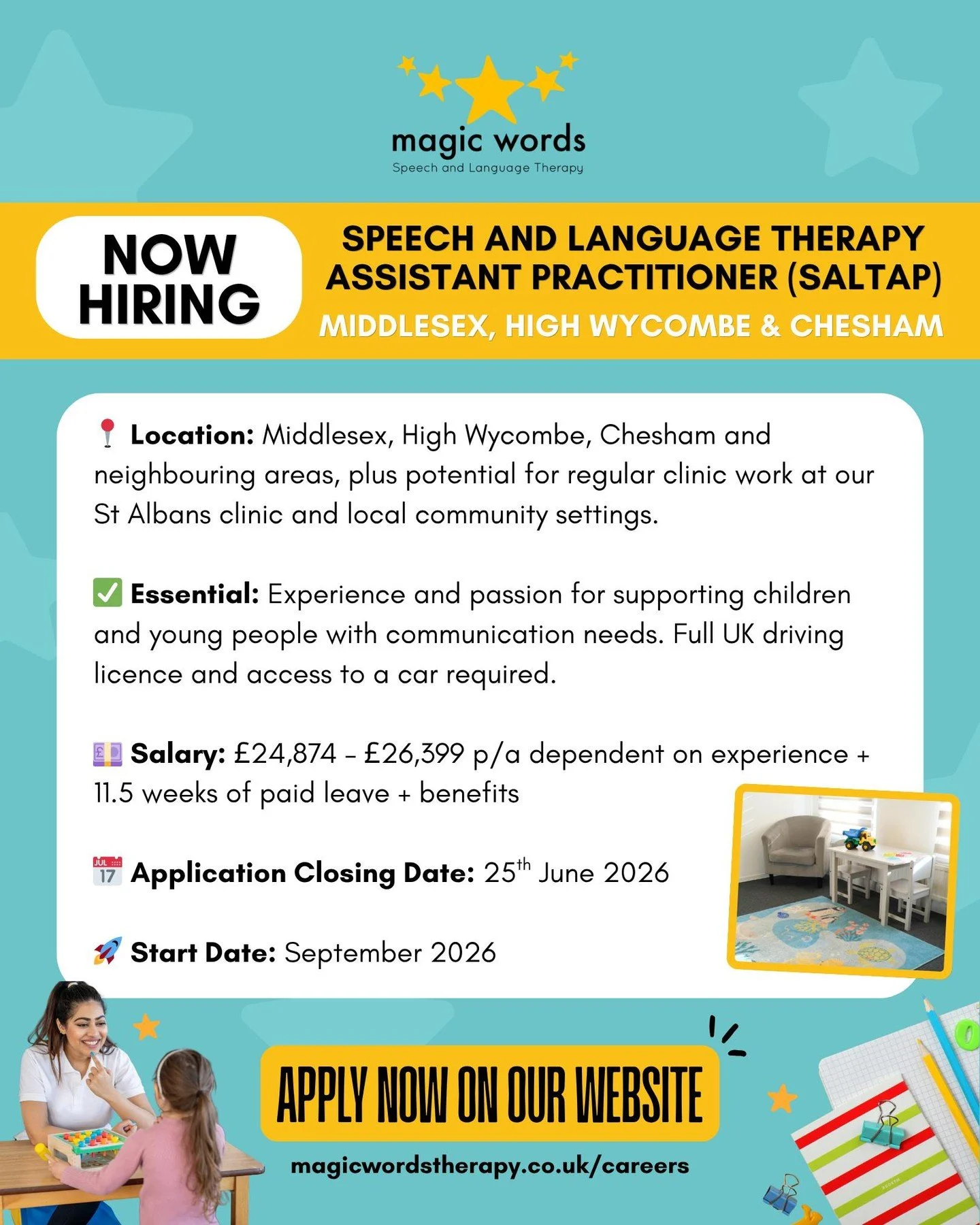 ⭐ We&rsquo;re looking for a Speech and Language Therapy Assistant Practitioner (SaLTAP) to support children and young people with a broad range of communication needs across our schools and community services.

📍 Middlesex, High Wycombe, Chesham and