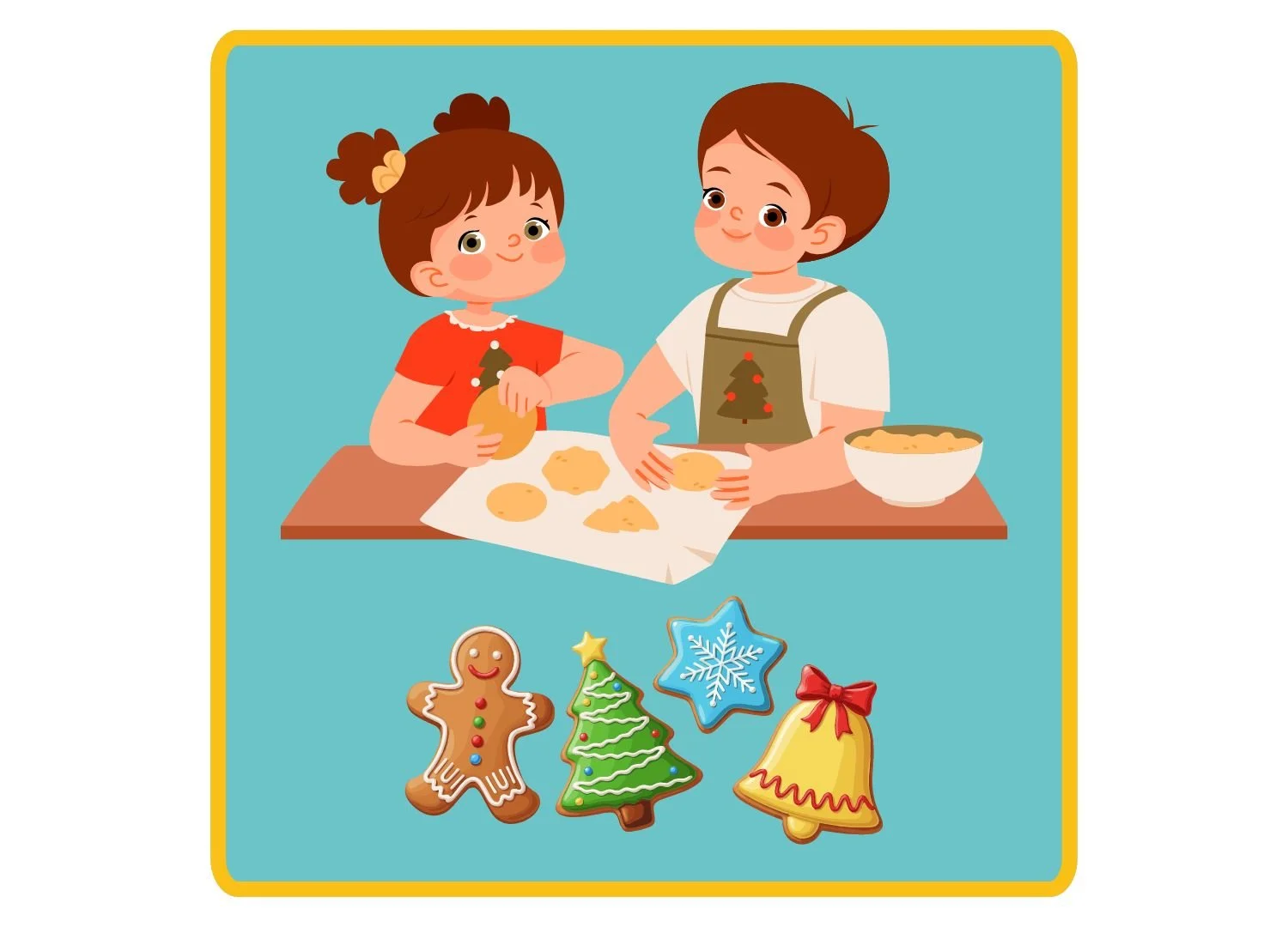 Children baking and decorating Christmas-themed sugar cookies