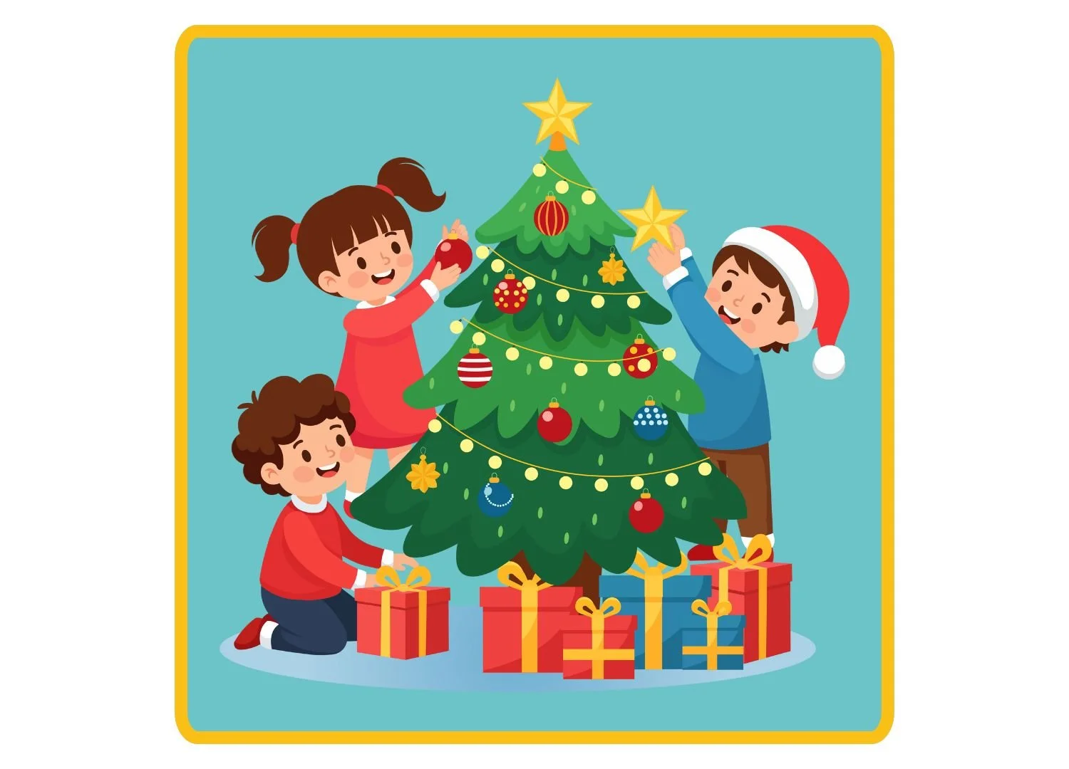 Children decorating a Christmas tree with presents underneath