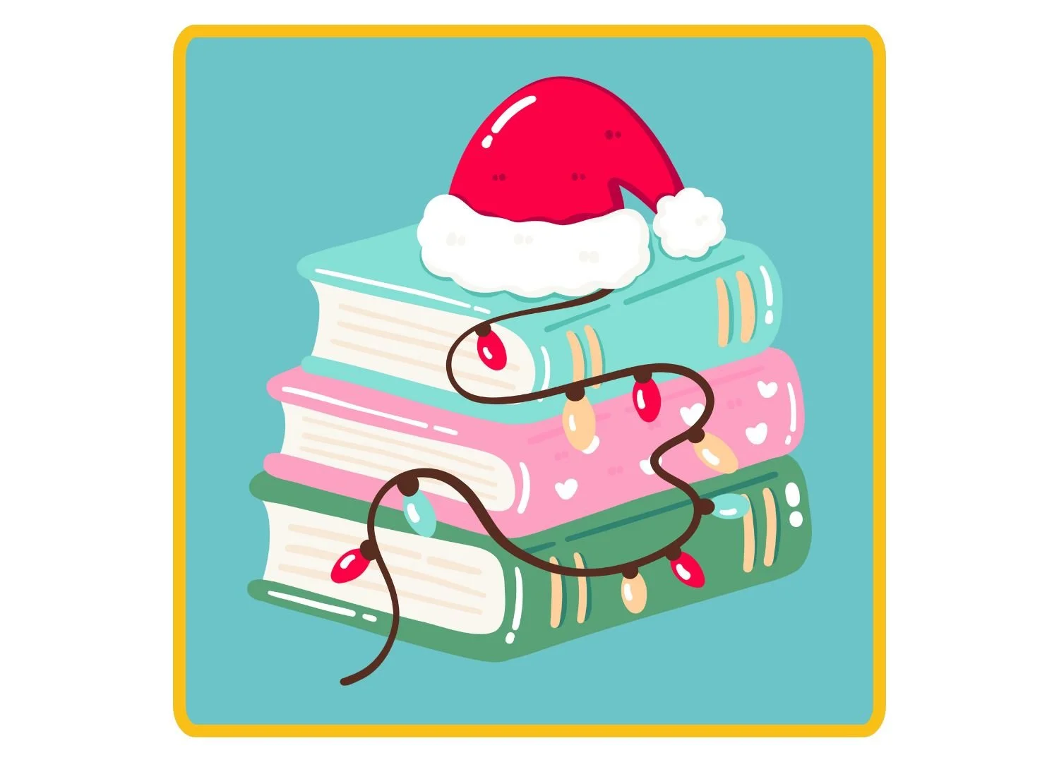 A stack of Christmas books with Christmas lights and a Santa hat on top