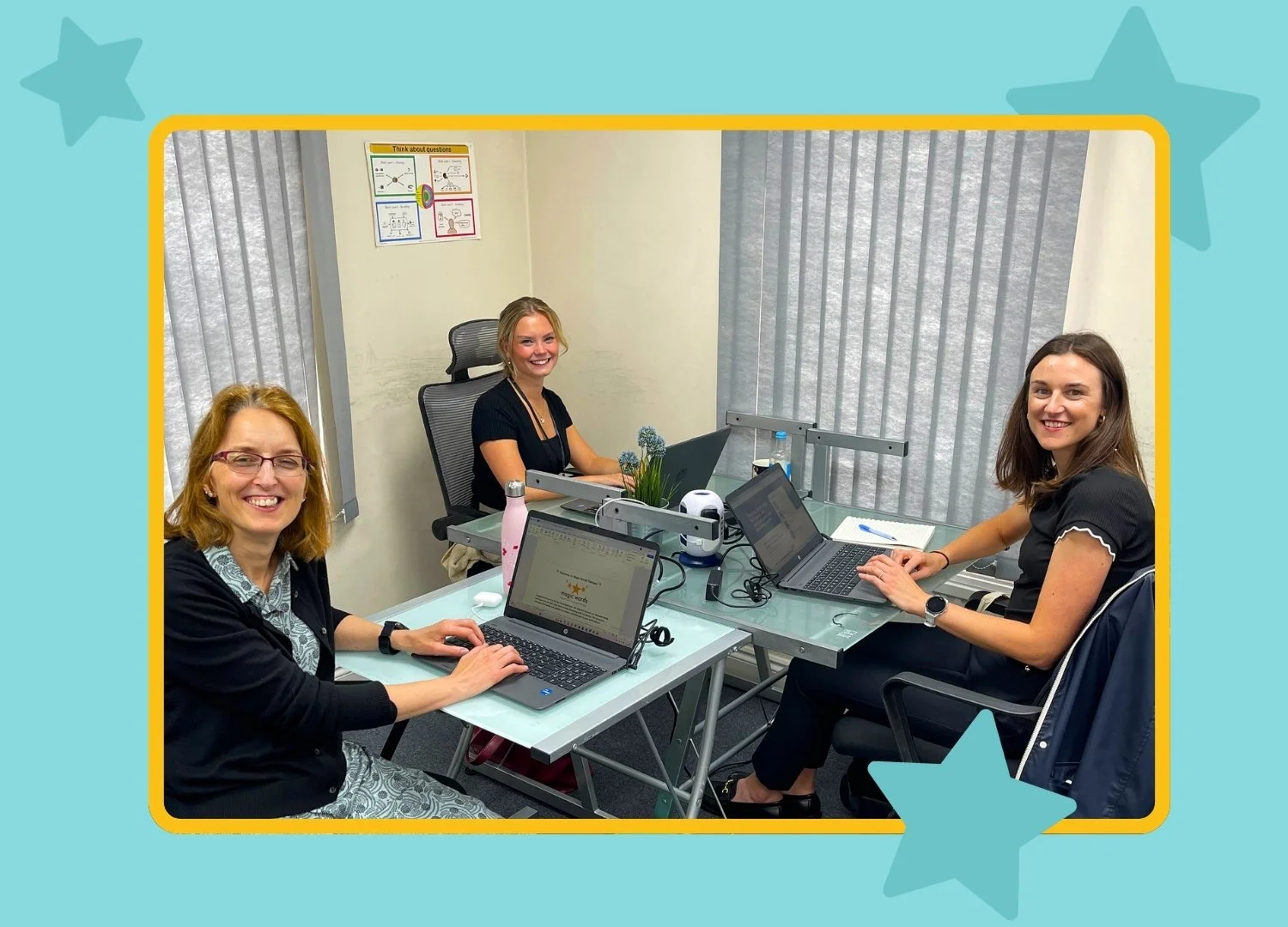Team of three speech and language therapists sitting at a desk in the Newport Pagnell (Milton Keynes) office.