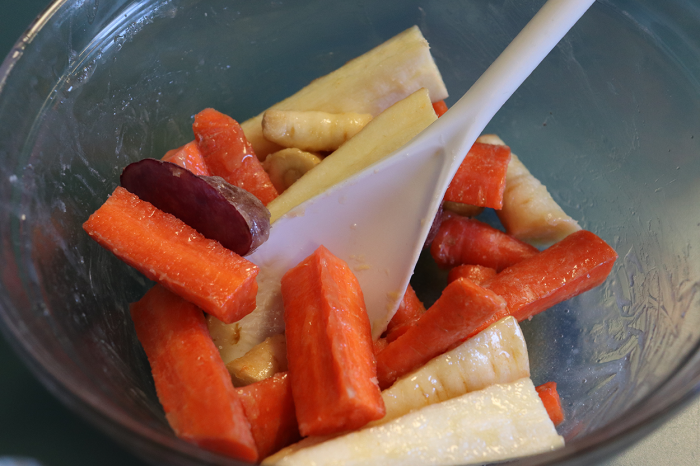 Raw root vegetables tossed in maple syrup, butter, and sea salt.