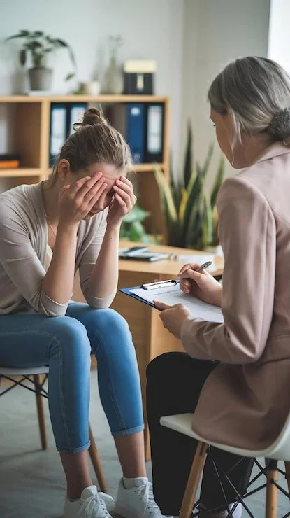 A young woman is talking to a girl who looks upset or distressed during a counseling or therapy session.