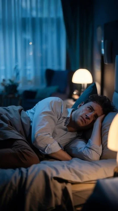 A man lying on his side in bed with a hand under his head, looking worried or thoughtful, in a dimly lit bedroom with a bedside lamp and curtains.