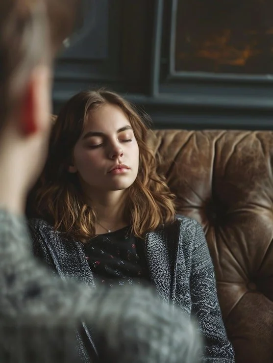 A young woman with shoulder-length brown hair and closed eyes sitting on a brown leather couch with a contemplative or relaxed expression, indoors near a window with a blurry background.