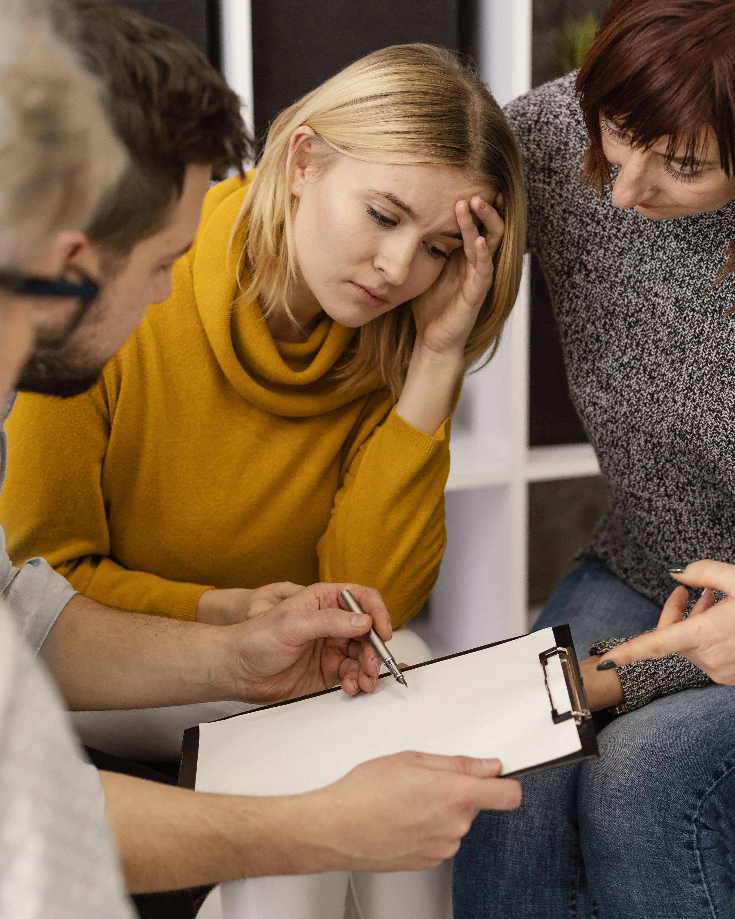 A group of people sitting together, with one woman in a yellow sweater holding her forehead and appearing worried, as they review documents or notes on a clipboard.