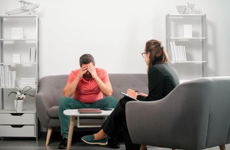 A man sitting on a gray couch with his head in his hands, appearing distressed, while a woman in a black jacket and glasses takes notes during a therapy session in a modern office.