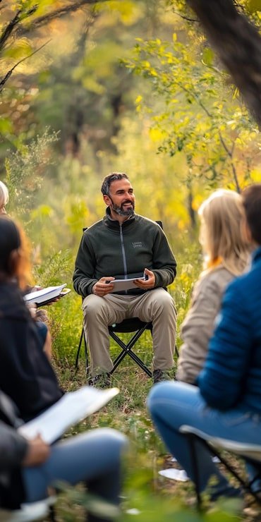 Man leading an outdoor discussion or lecture with a group of people seated around him in a forest setting during daytime.