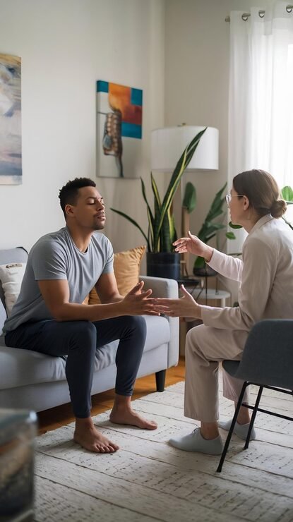 A man and a woman are sitting in a living room having a conversation. The woman is gesturing with her hand while talking, and the man appears to be listening attentively.