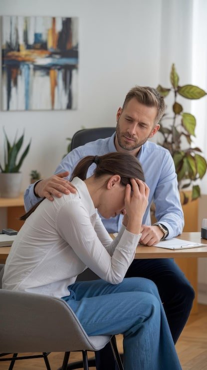 A woman appears to be upset and distressed while seated at a desk, with a man sitting beside her offering comfort, in a cozy, well-decorated office or living room.