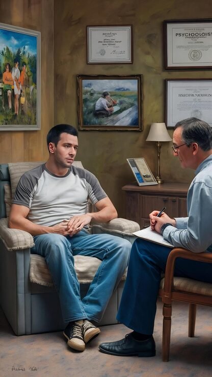 A young man in a casual gray and white t-shirt and jeans sits on a sofa during a therapy session with a psychologist in an office. The psychologist, wearing glasses and a light blue shirt, takes notes on a clipboard. The room has framed diplomas on the wall, a small lamp, and a framed photograph of a child reading by a lake.