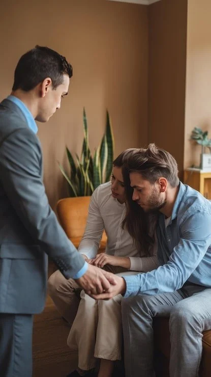 A couple sitting on a sofa, holding hands and praying with a man in a suit during a counseling session in a cozy room with warm lighting.