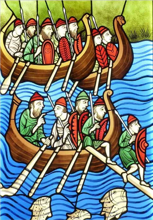 Newly commissioned stained glass panel derived from a 12-century manuscript, showing the arrival of the Vikings
