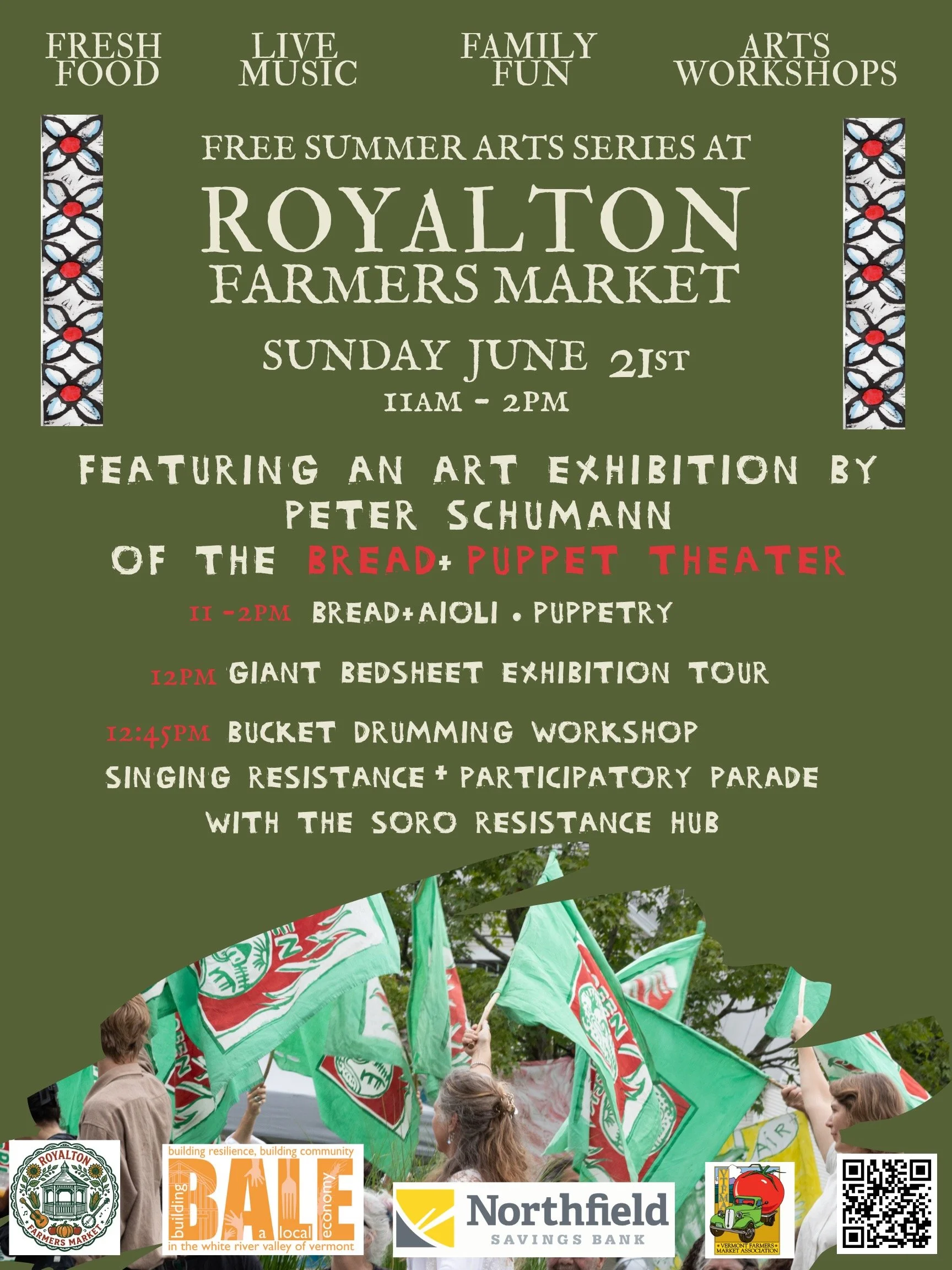 We're thrilled to announce that @breadandpuppet will return to @royaltonfarmersmarket this Sunday as part of BALE's free summer arts series. @breadandpuppetcuratrix will be presenting a special art exhibition by Peter Schumann alongside the SoRo Resi
