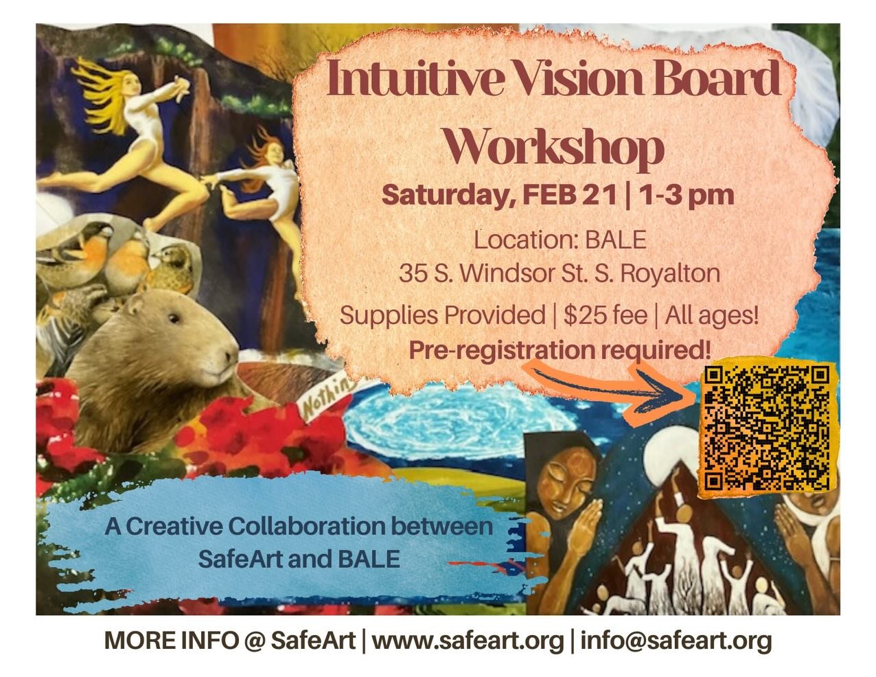 Tonight 2/12/26 at WOW we will have a little free teaser of this upcoming workshop. Pop into BALE Commons between 5-7pm to create your own mini word of the year collage. See our Art of Resistance exhibit and even receive a free mini massage from Hoyt