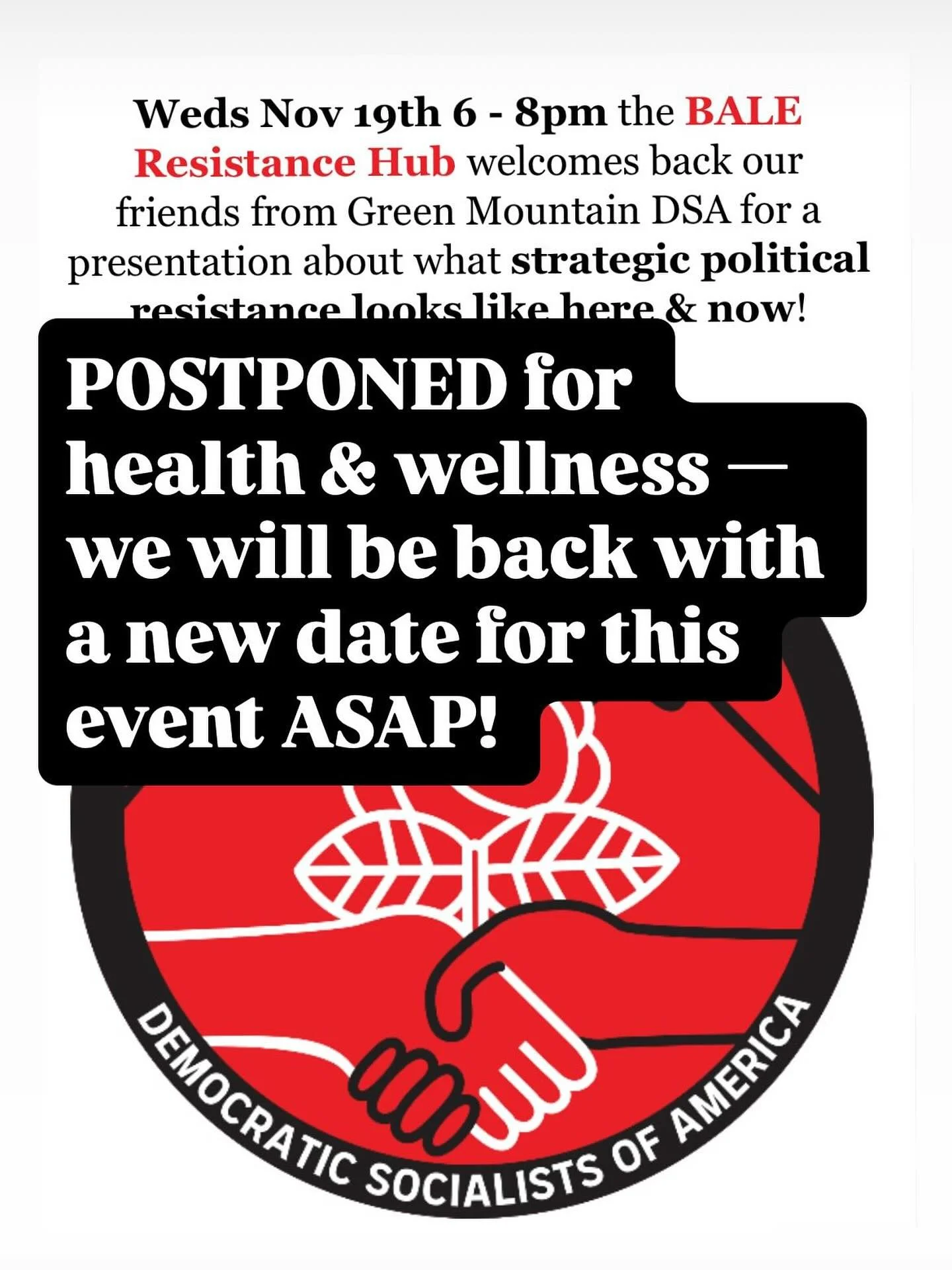 We need to push back tonight&rsquo;s talk &mdash; stay tuned for a new date.