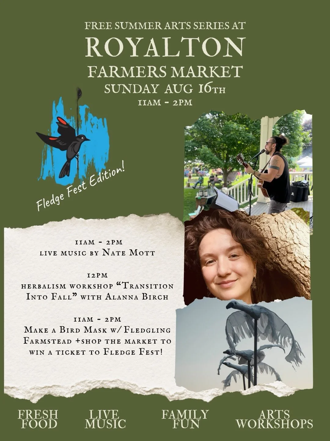 This Sunday 8/16 11am - 2pm at @royaltonfarmersmarket : the flock gathers for a @fledge.fest  celebration 🐦 

Stage will be 🔥 from 11-2 by @natemottmusic (as heard on @npr) 

Noon we have herbalism for the turn toward fall with Alanna Birch.

And a