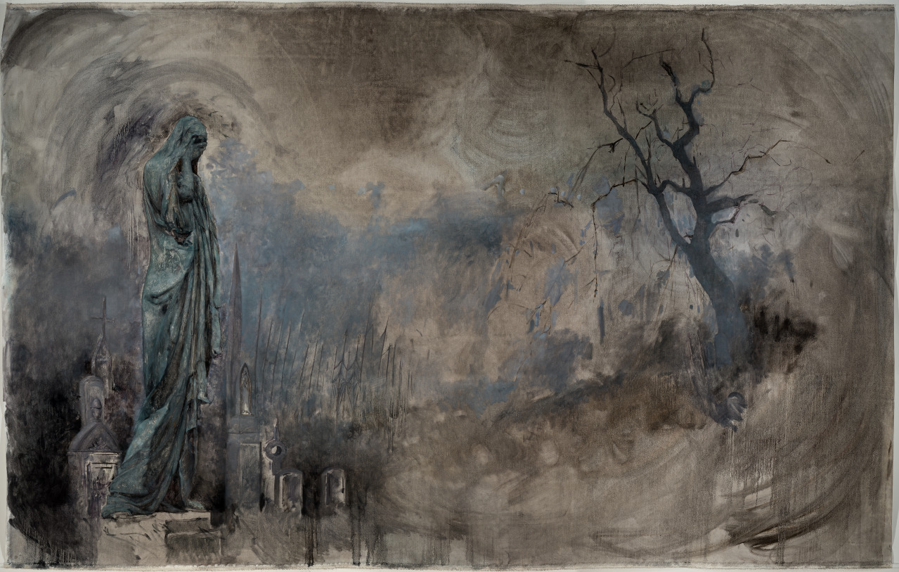 Hyeseung Marriage-Song. Chapter 1: In the Cemetery, (2018), Oil on linen, 79” x 124”