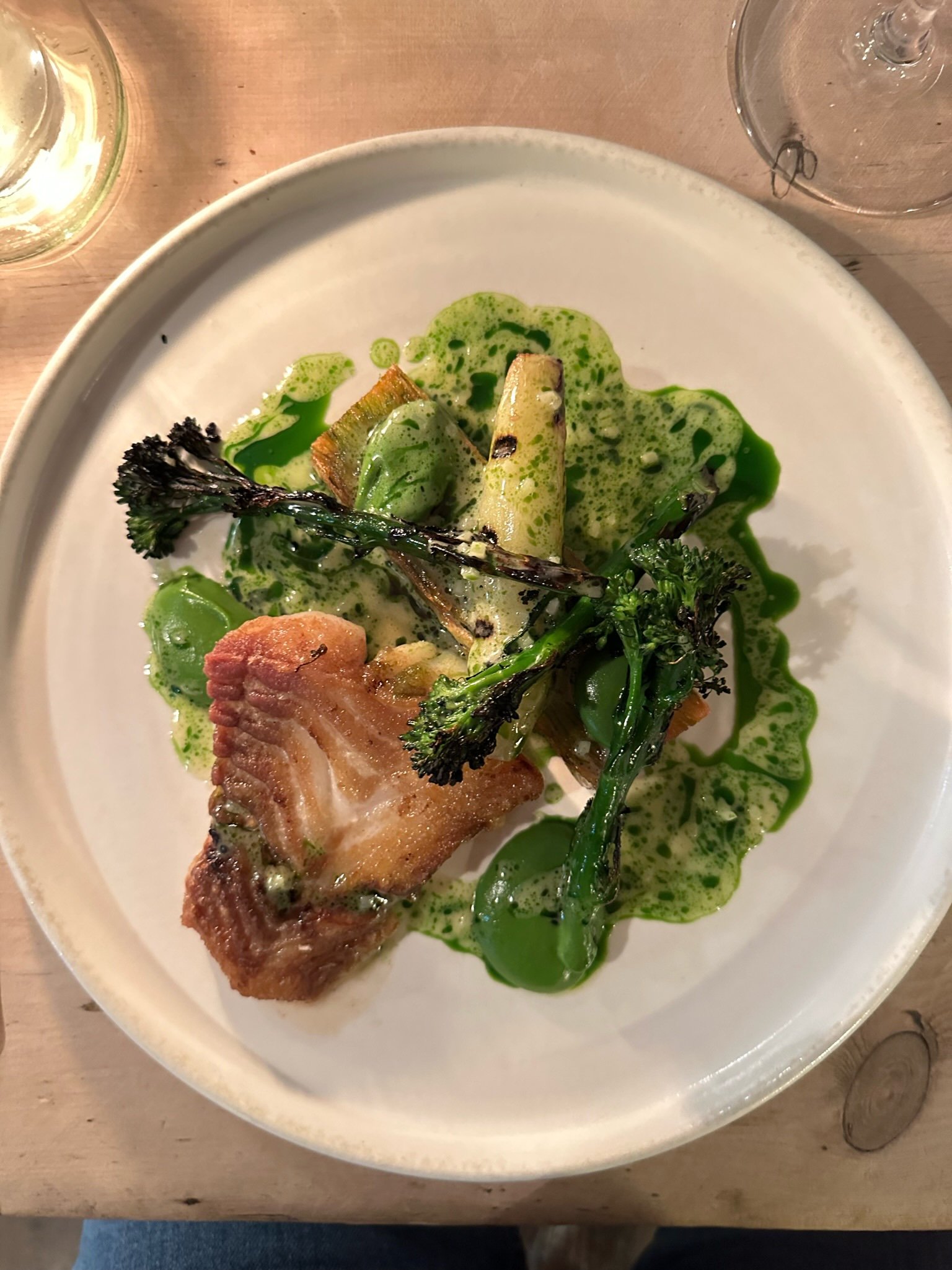 Roast Cornish cod, broccoli, crispy potatoes &amp; chive oil