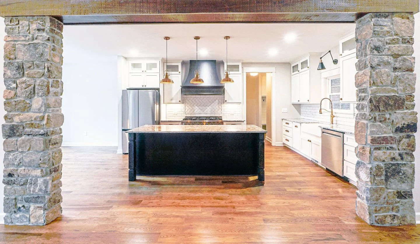 Modern kitchen with rustic stone