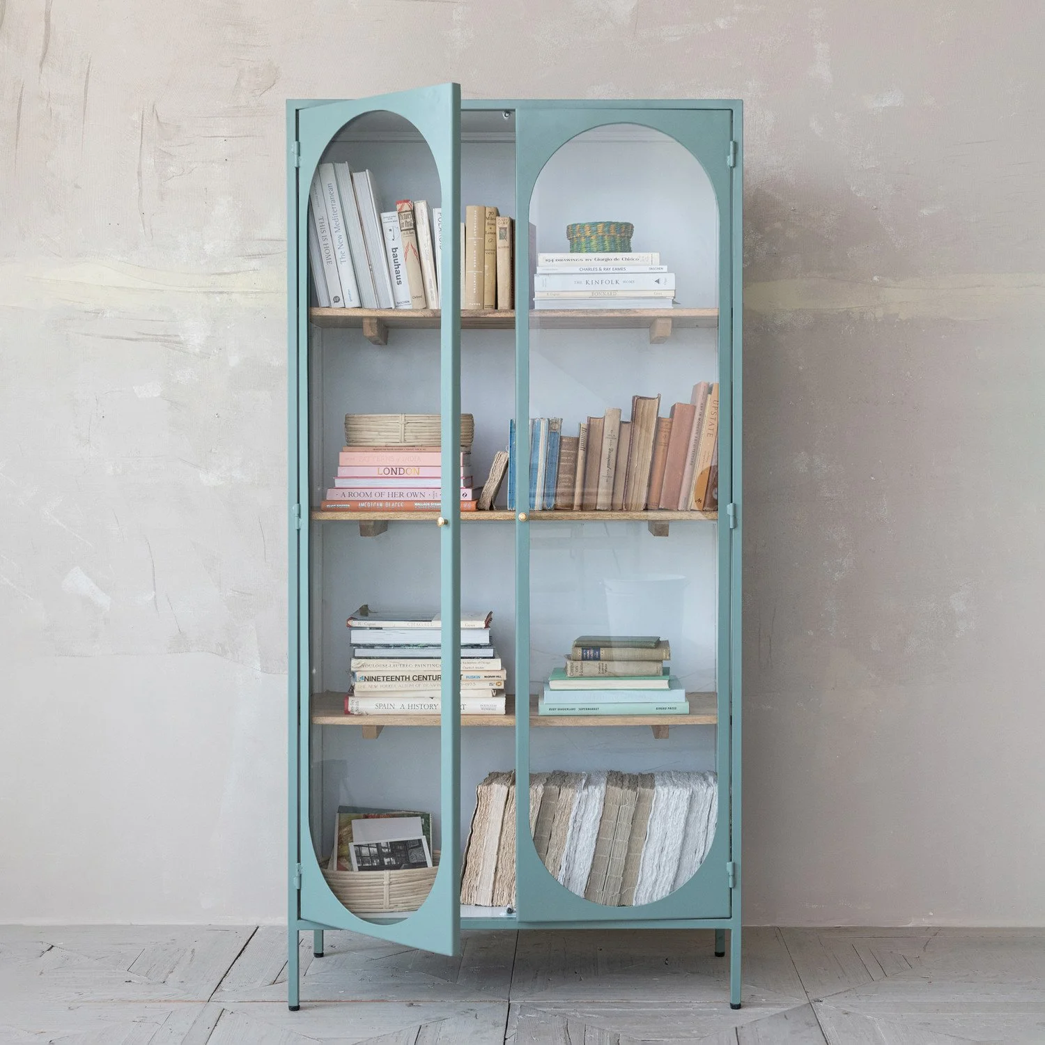 Metal & Mango Wood Cabinet with 2 Glass Doors & 4 Shelves