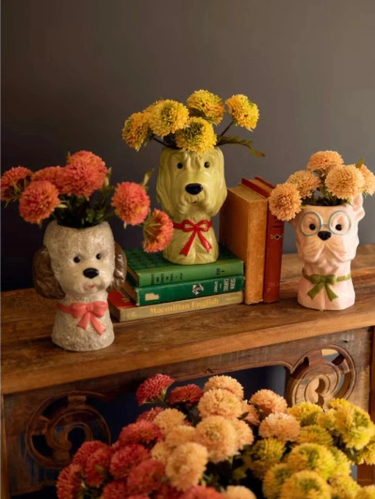 Set of 3 Ceramic Dog with Bows Vases