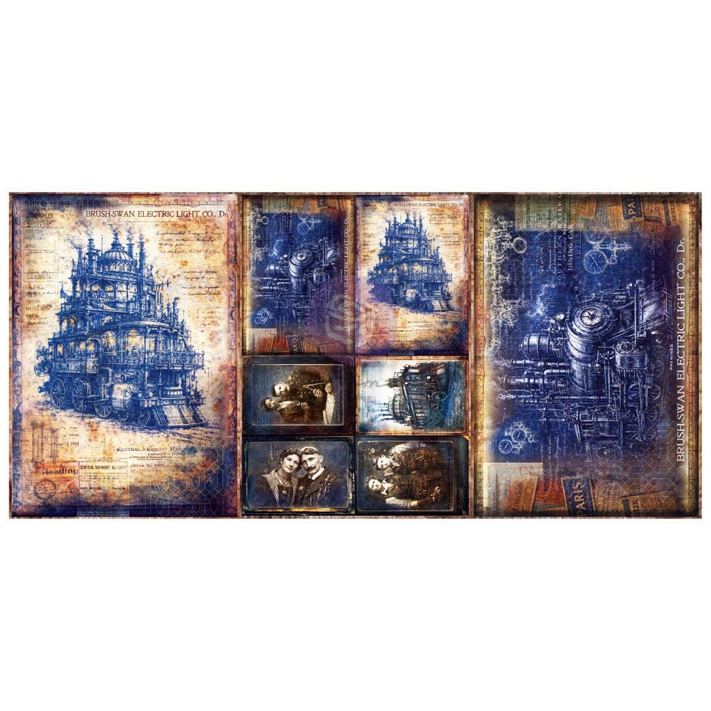 Finnabair A3 Decoupage Fiber Paper Set – Steambound Visions – 3 sheets, 11.7″x16.5″