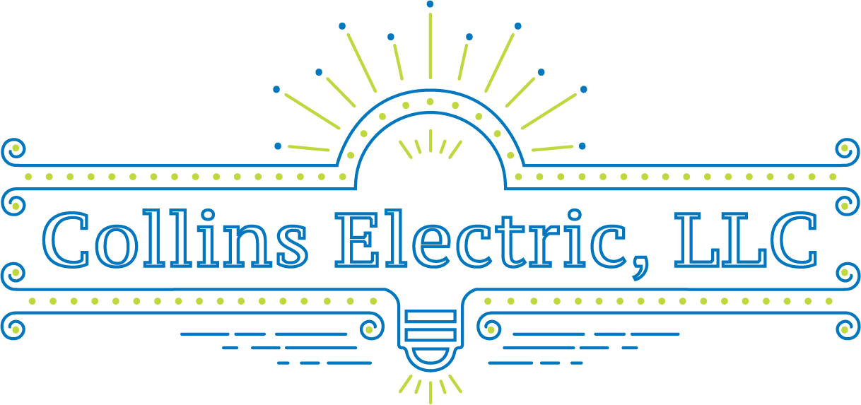 A neon-style logo with a light bulb illustration and the text "Collins Electric, LLC" in the center, surrounded by glowing decorative lines and dots.