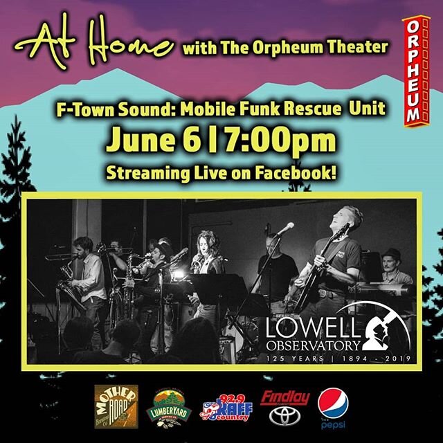 Updated time! Saturday June 6th @ 7pm!

Keep your kids up to dance with us &quot;At Home&quot; with The Orpheum Theater!

@orpheumflag 
#homedance #danceparty #brassband #livestream #latinfunk #flagstaff #flagstaffarizona