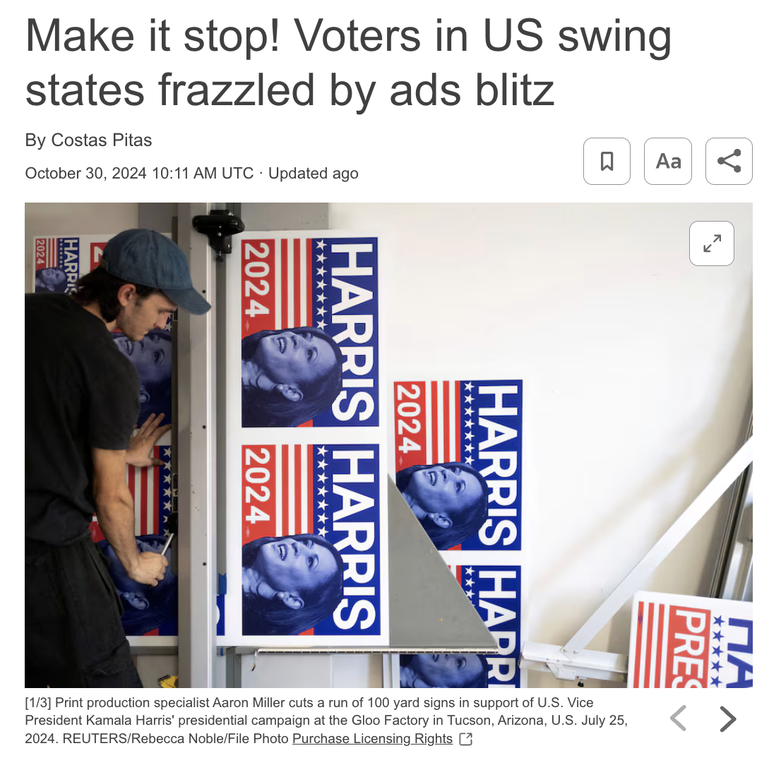 Make it stop! Voters in US swing states frazzled by ads blitz
