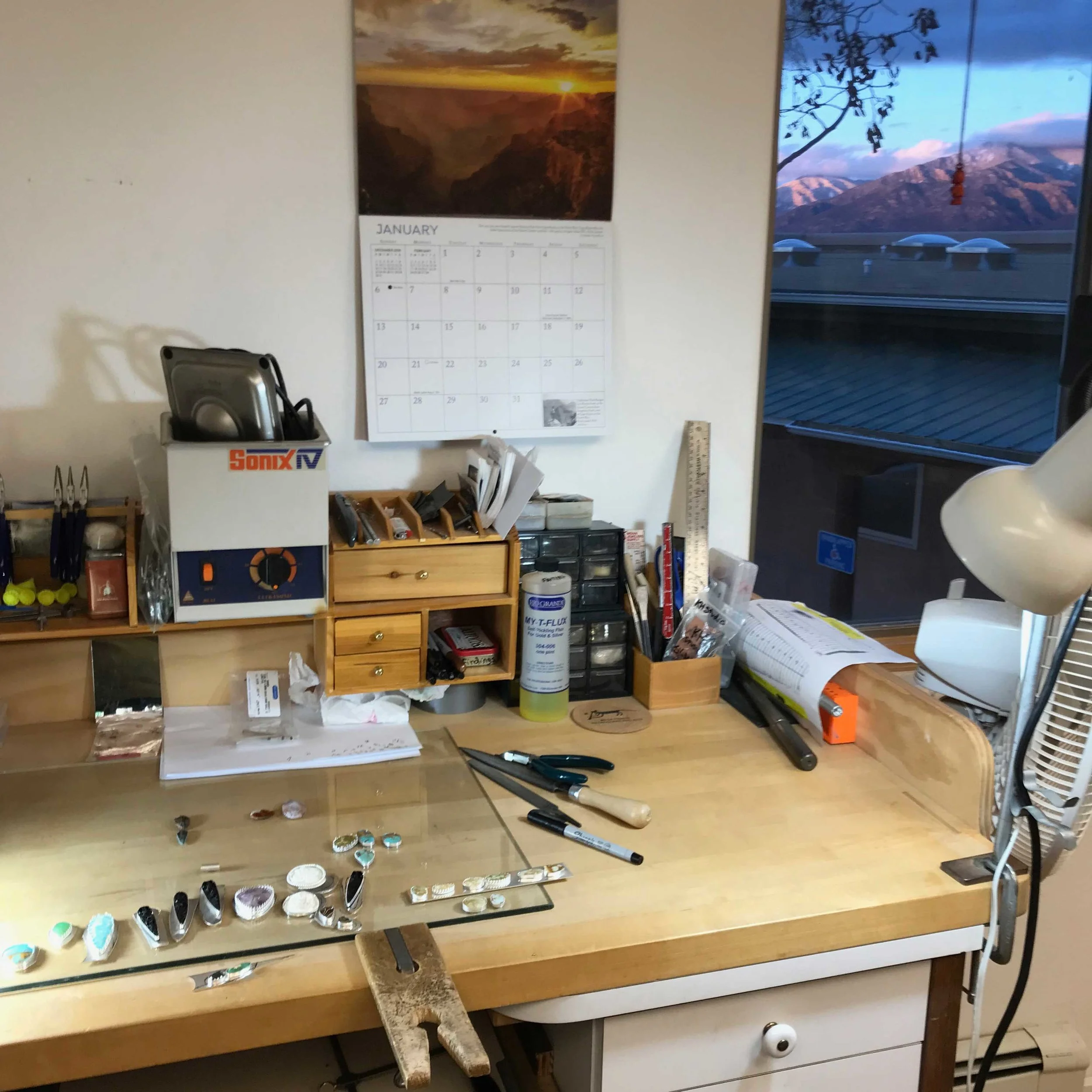 My bench at home with the view of Taos Mountain
