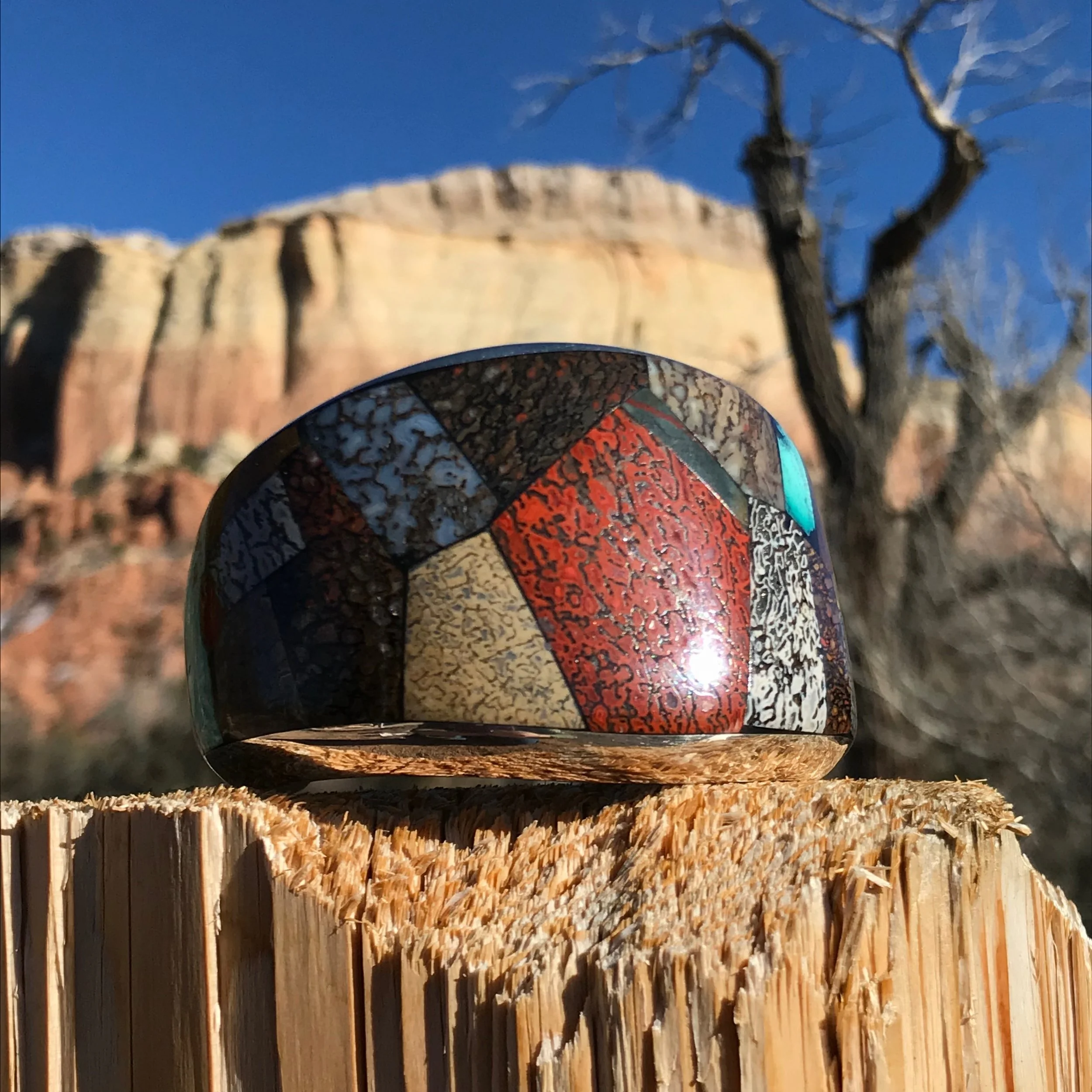 Wide Dinosaur Bone Mosac Inlay Bracelet 