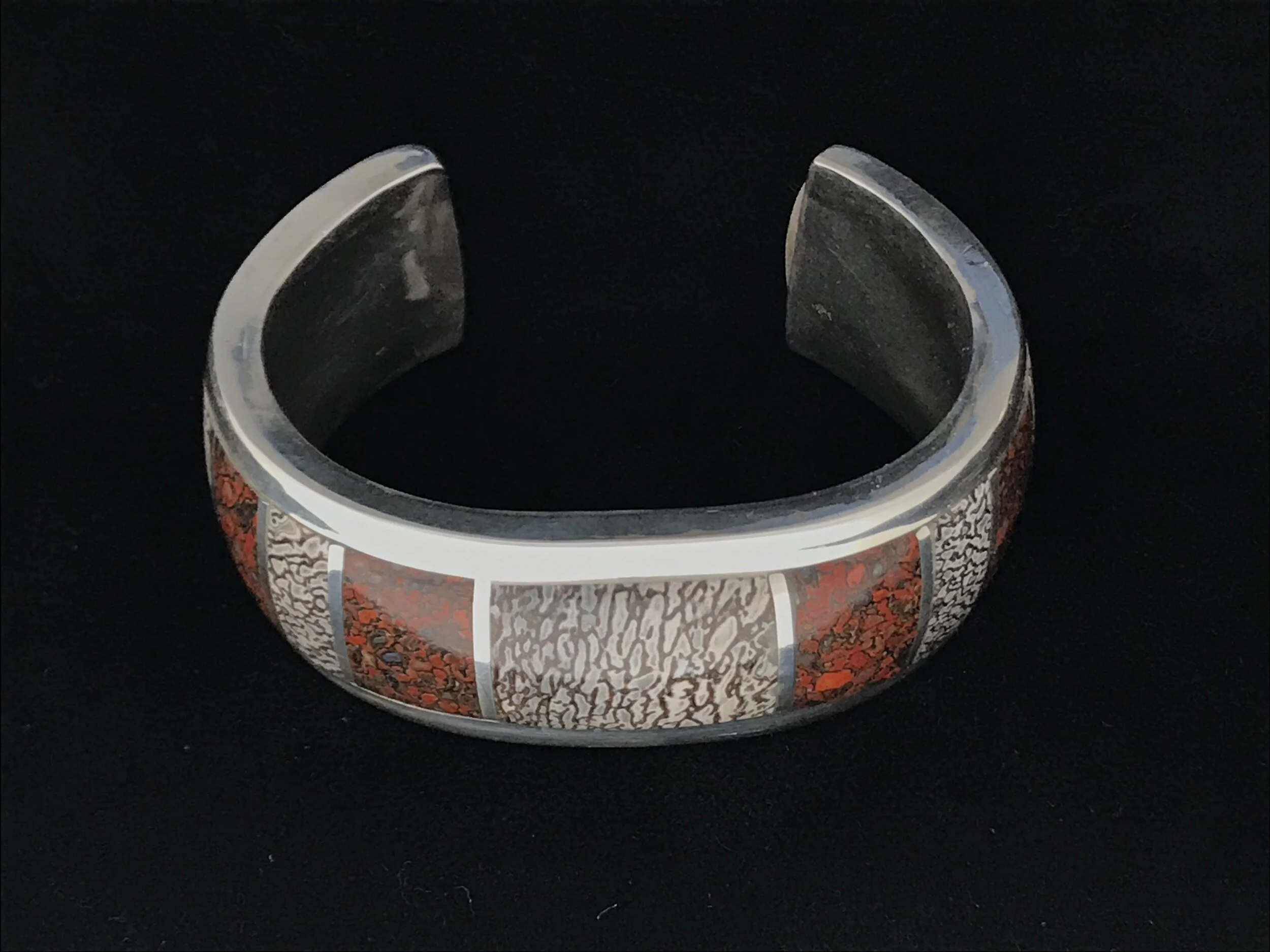 Red and White Petrified Dinosaur Bone Inlay Cuff Bracelet
