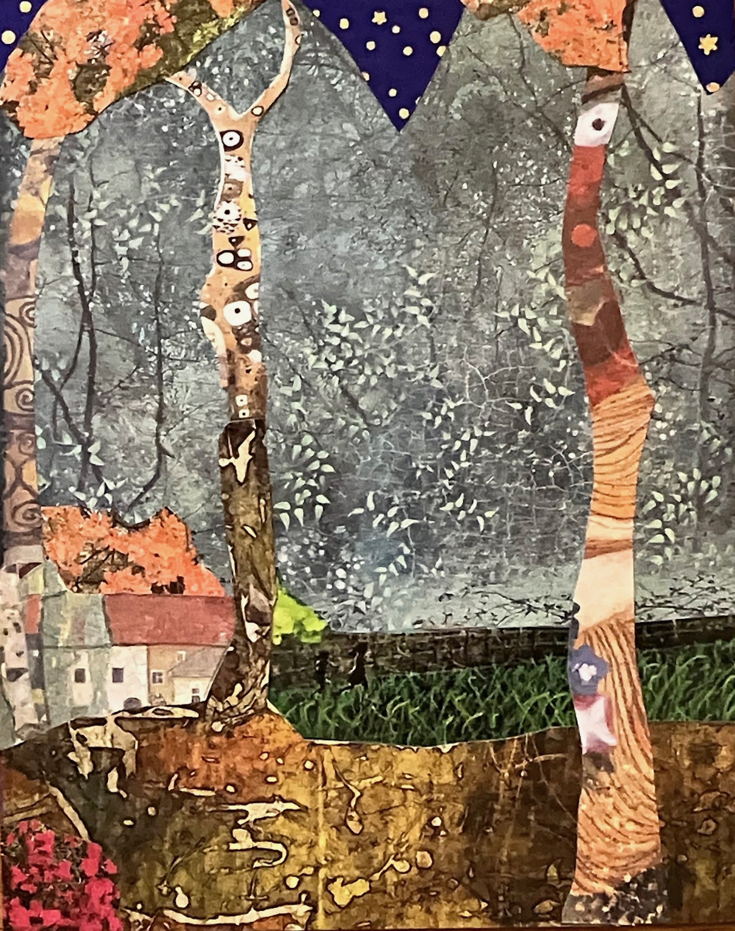 A collage of a house is on the left-hand side with fields to the right and brown dirt with bright pink flowers in front. Three thin trucks stretch up against a grey and white sky.
