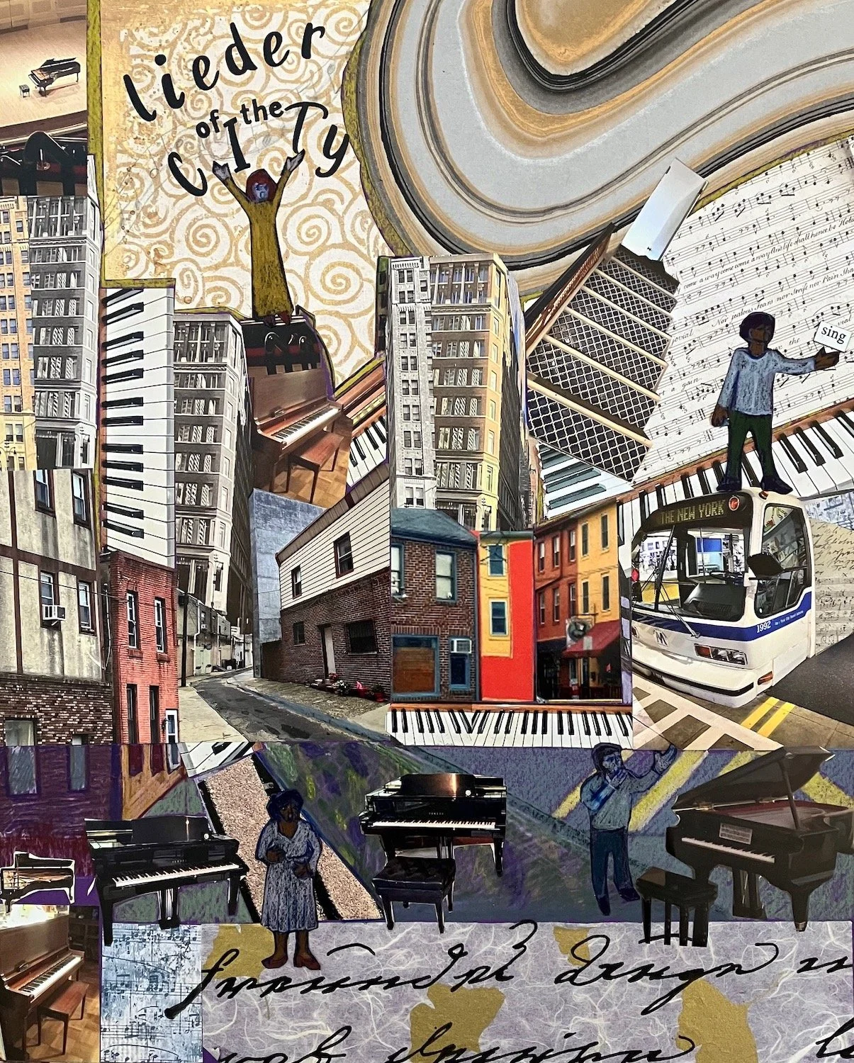 A city street collage with a bus that reads, “The New York,” and four people, one who stands on top of the bus with the word “sing” over his outstretched hand. “lieder of the city” is written against the swirling sky.