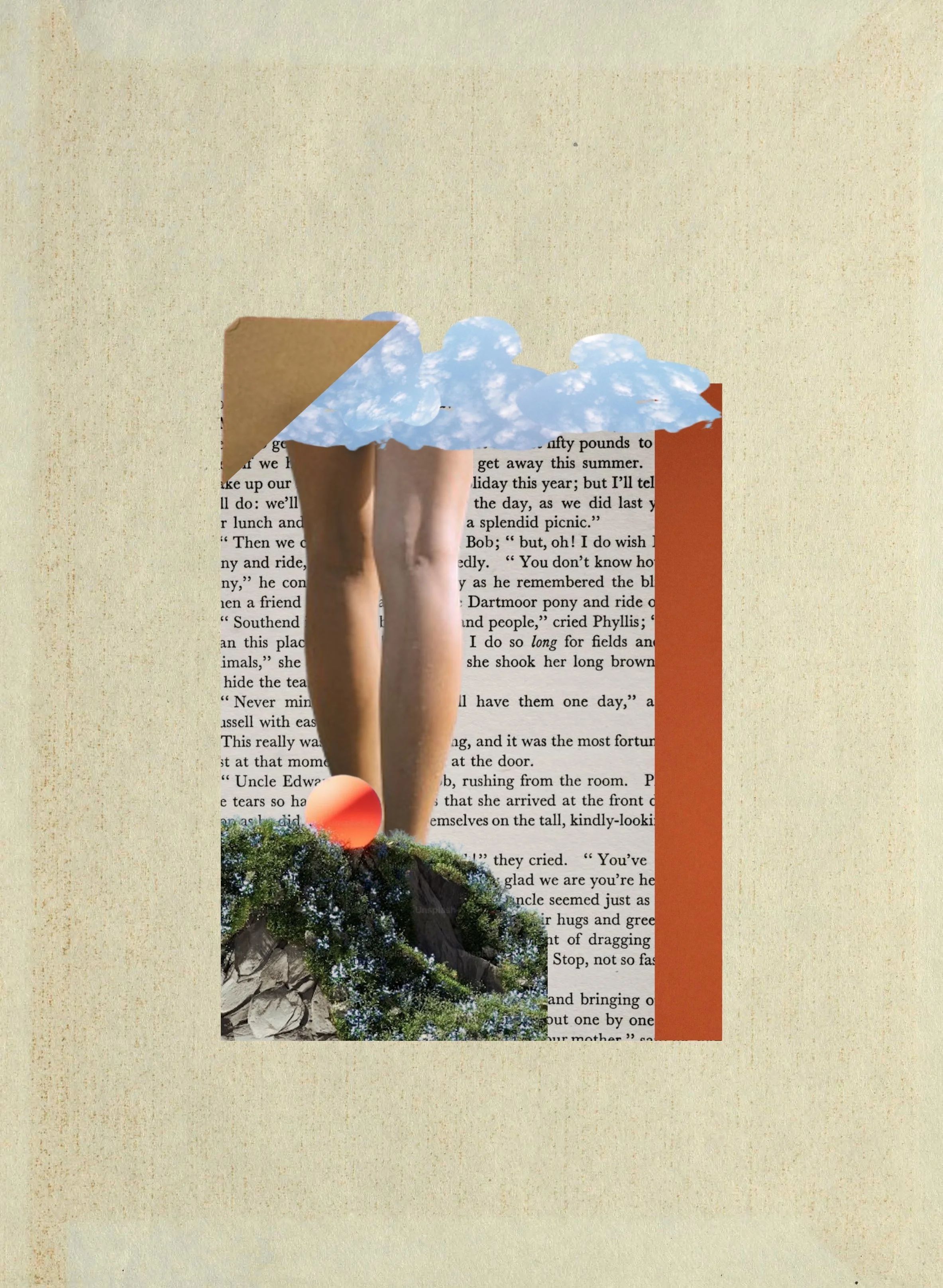 Collage with the back of two white legs, visible from ankle to knee, standing on a green tree with a peach.  There are brown, tan, and blue shapes., and the background is a book page.