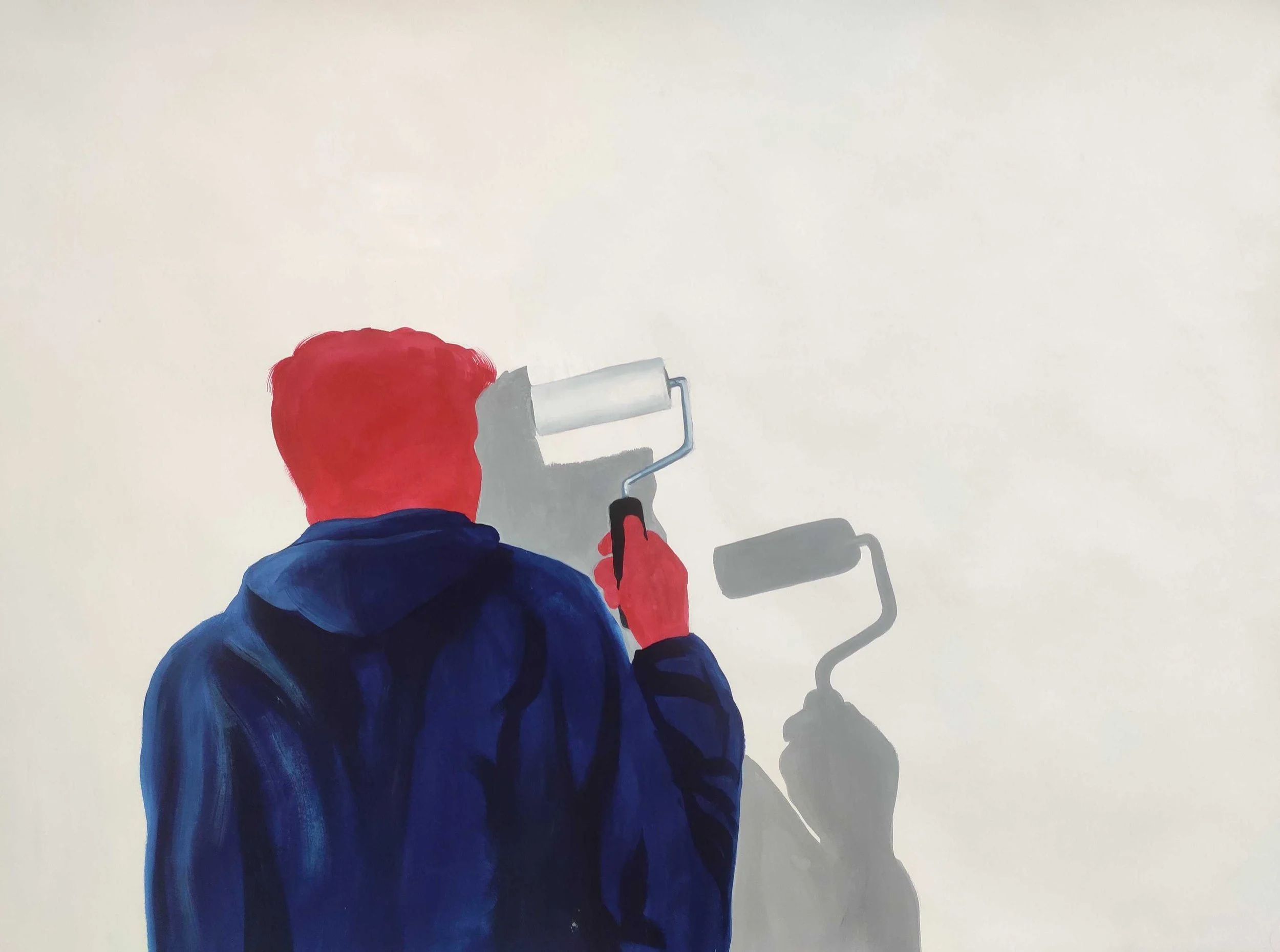 A red human figure wearing a blue hoodie holds a paint roller up to a white wall where they're casting a shadow.