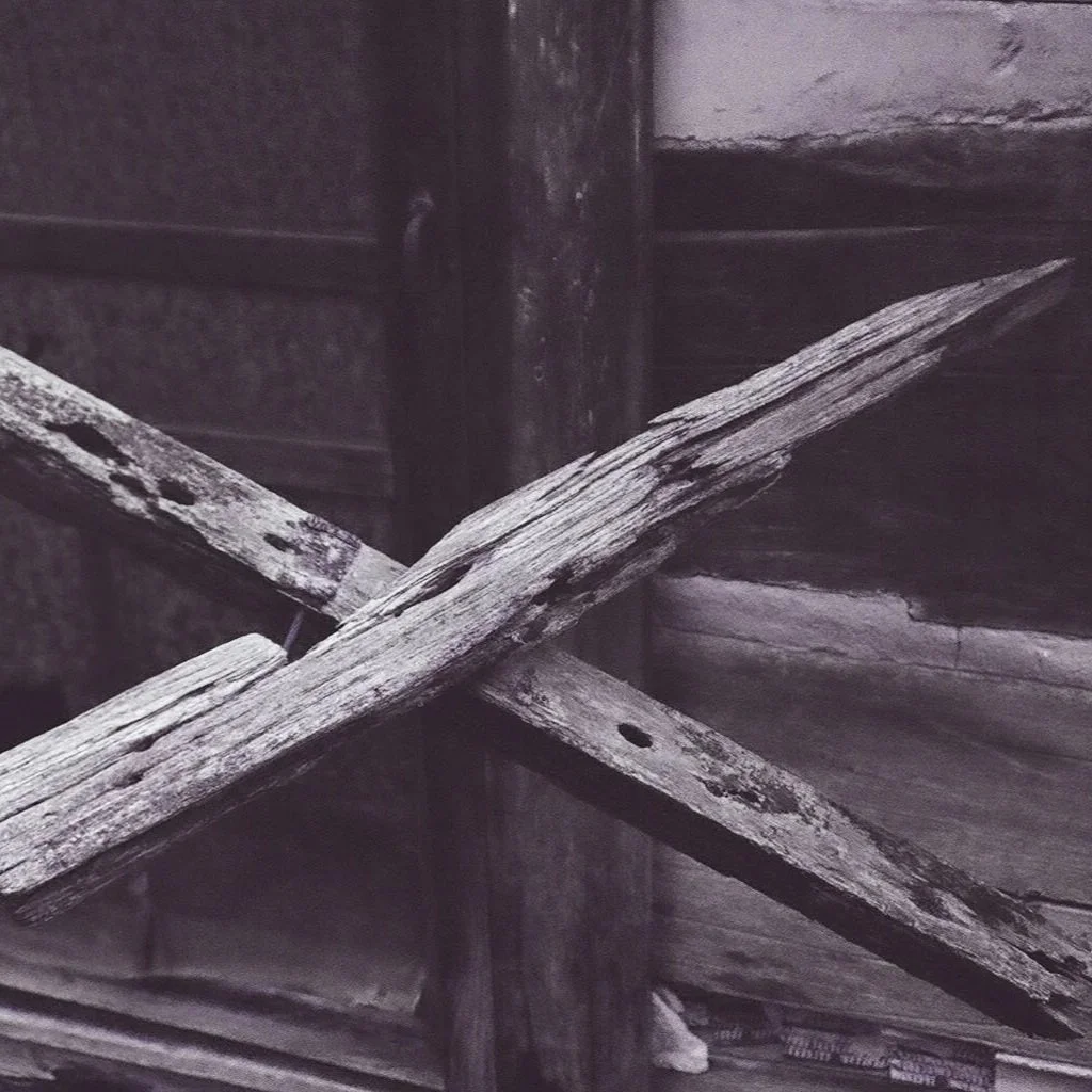 Black and white photo of an X formed by two pieces of wood outside a cabin.)