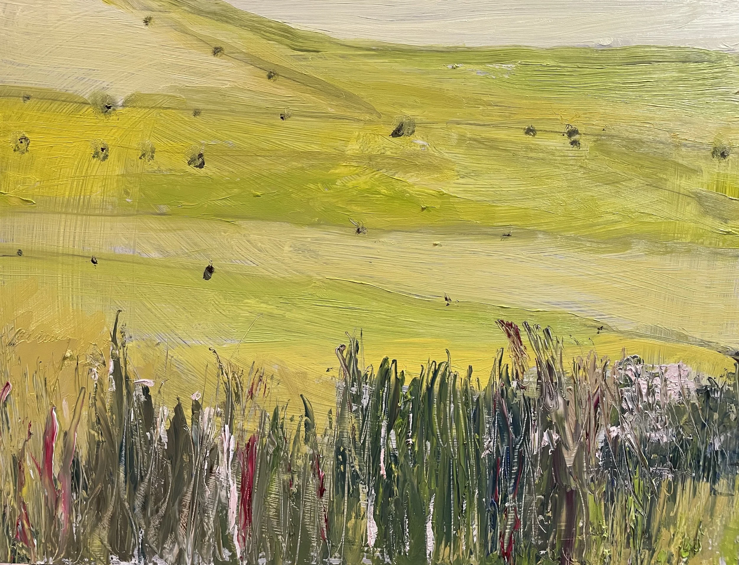 Painting of a meadow in shades of yellow and green with tall grasses in the foreground.