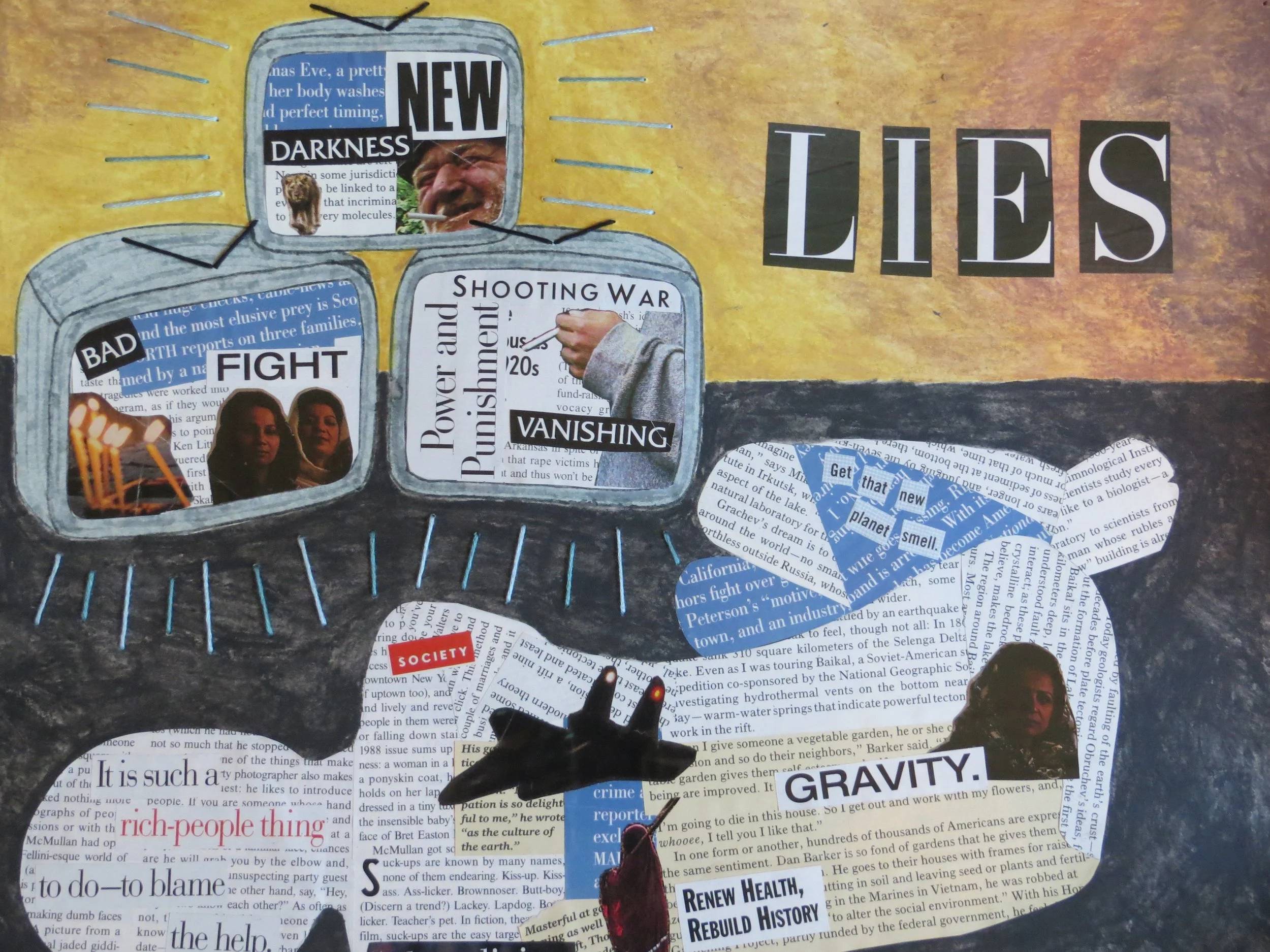 Three t.v.'s stacked in a pyramid contain images and text cut from newspapers. The word "LIES" is spelled out to the right.. Beneath the t.v.'s are newspaper clippings in abstract shapes. The image's top half is yellow and the bottom half is black.