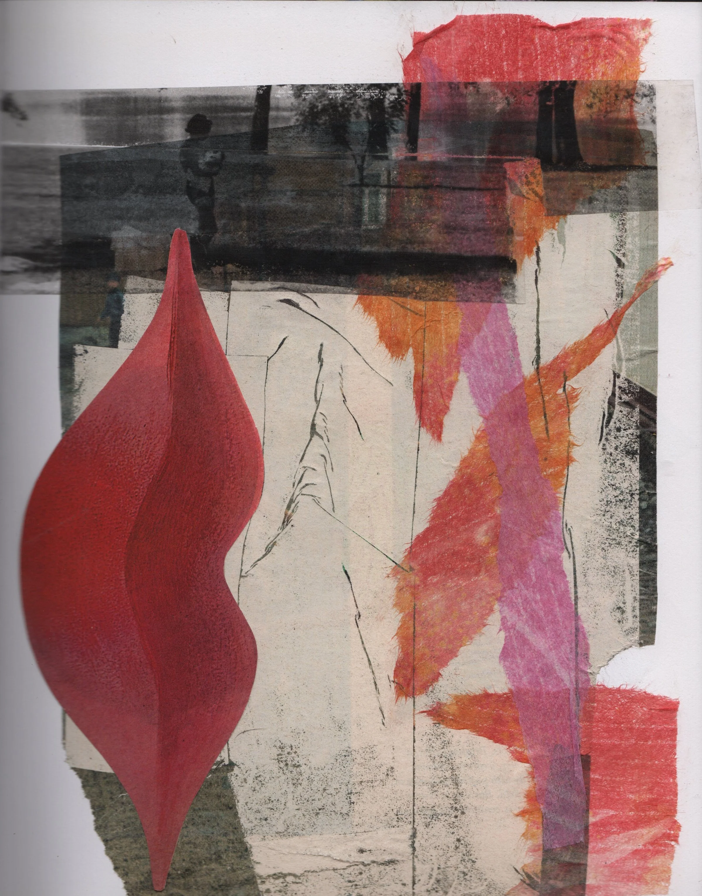 Collage art with blocks of black, red, and pink on a white background overlaid with red lipstick-covered lips that are positioned sideways.