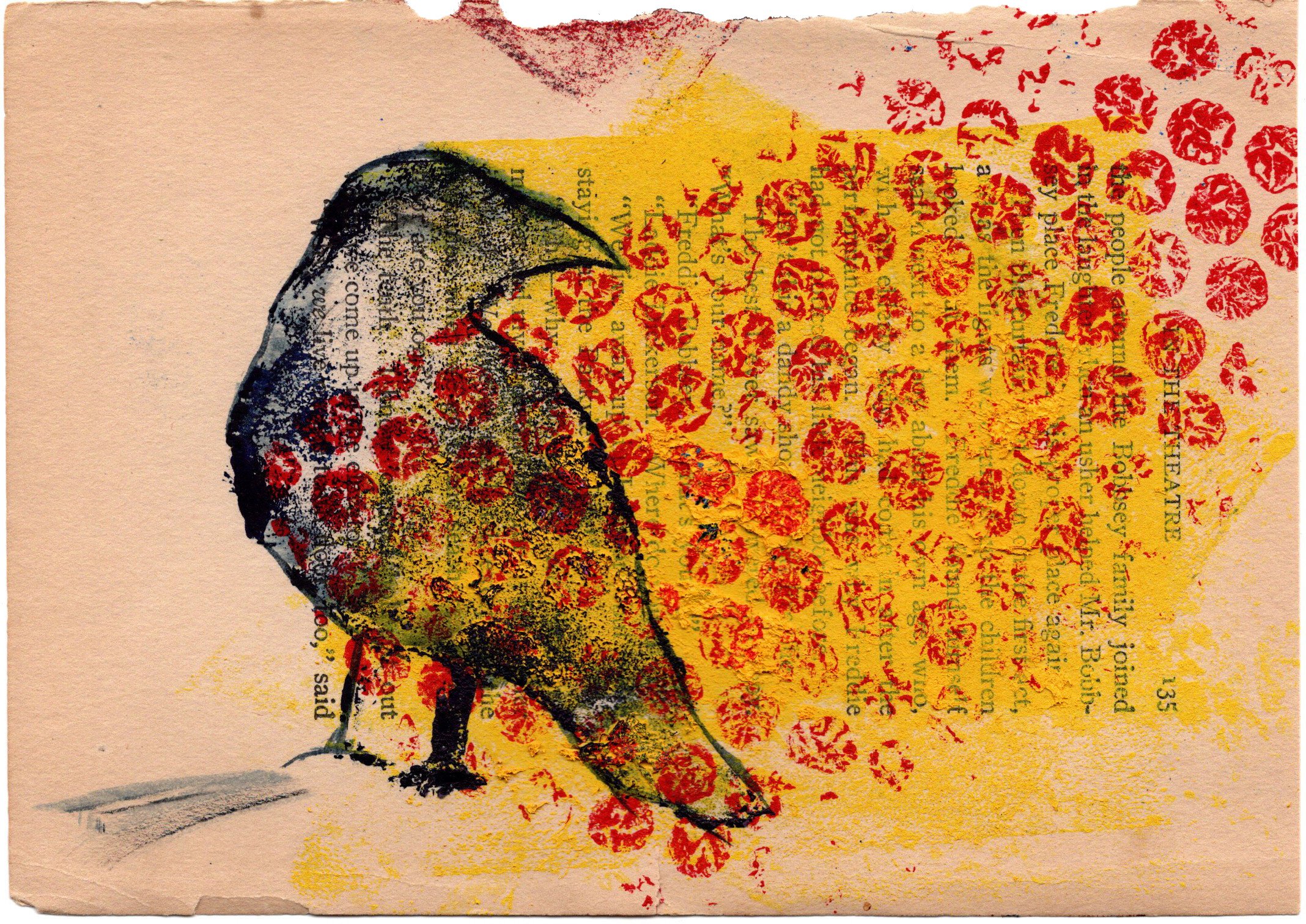 Printmaking art stamped onto a page from a novel depicts a crow against a block of yellow paint that partially covers the text on the page. Multiple circular red designs go over the bird and the text