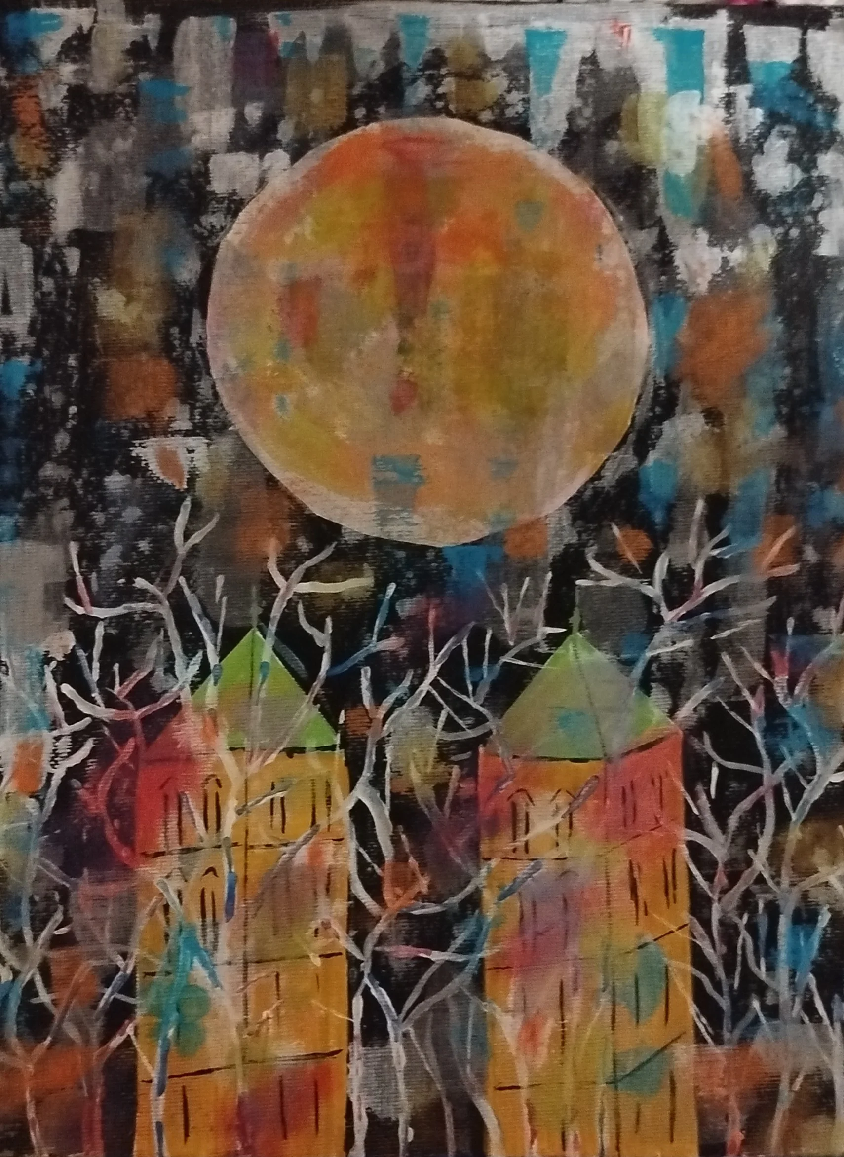 Painting of two tower-like buildings under a full moon with bare trees in the foreground.
