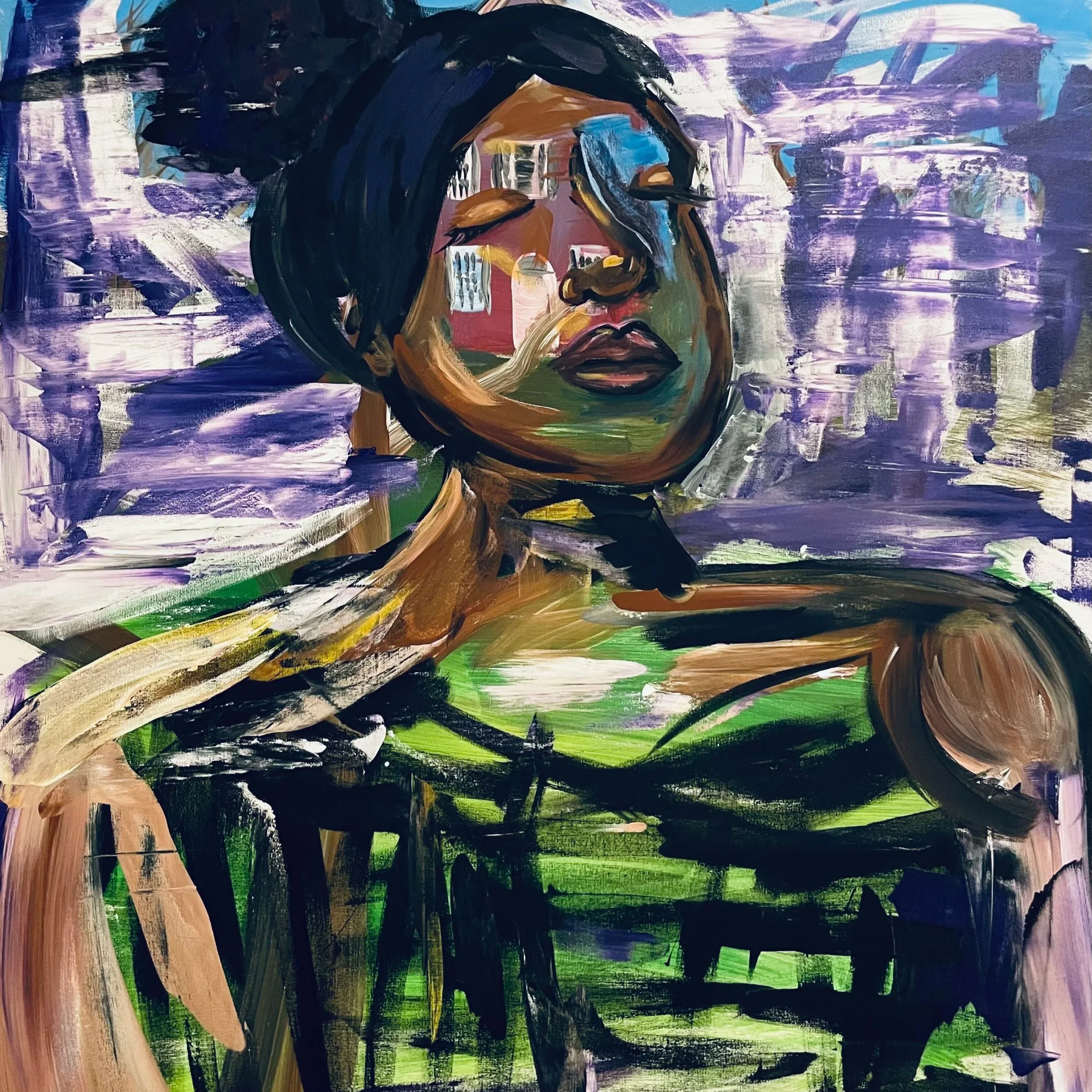 A painting of a woman in thick dark strokes. Her hair is pulled up into a bun, and a landscape of buildings is vibile through her, becoming part of her features