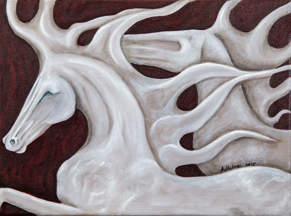 Painting of two white horses with flowing manes against a brown background. Both horses have a marble-like appearance.