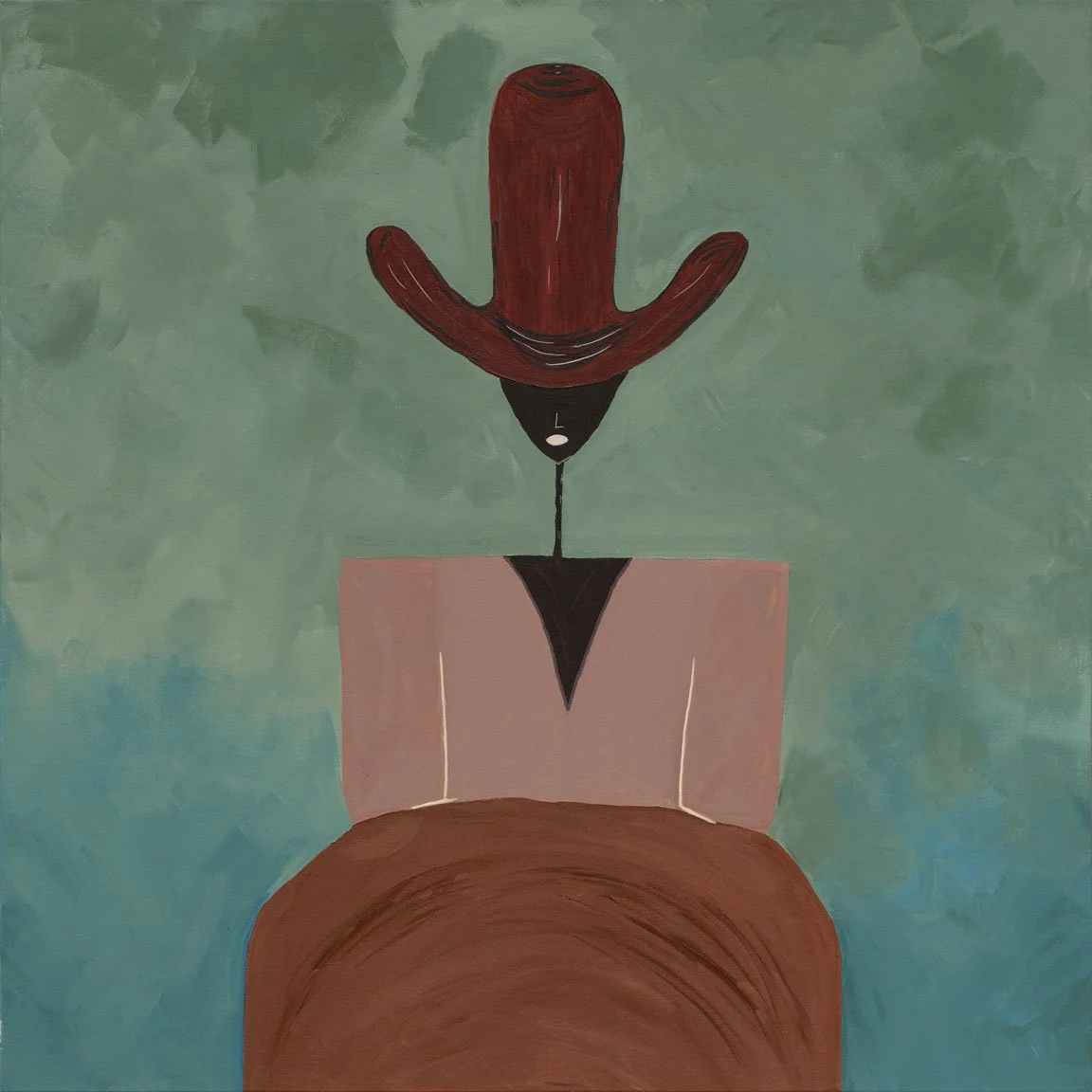 A maroon, ten-gallon hat sits on a black face, only the nose and mouth visible, connected to the square, tan body by a thin neck . The person leans on a brown half circle, all against a green background that fades to blue.